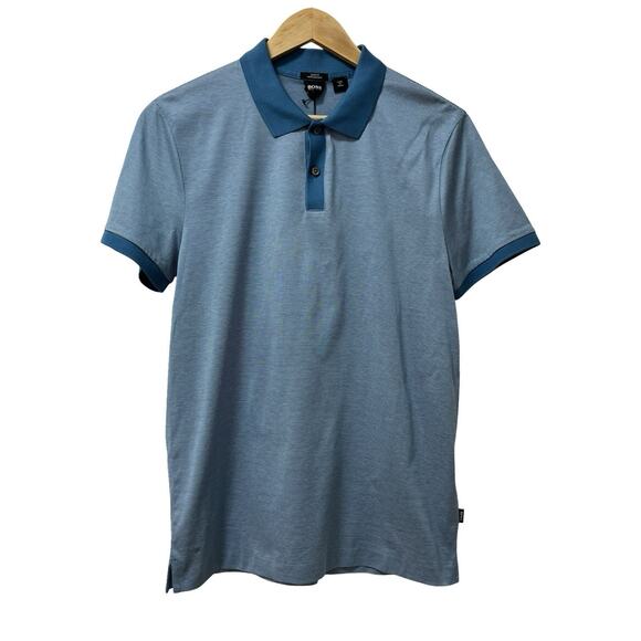 Hugo BOSS Mens Slim Fit Stripe Mercerized Cotton Polo Shirt Size M Blue Preppy - Picture 1 of 8